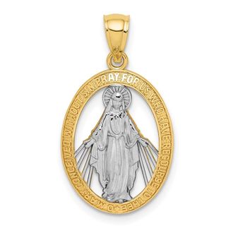 Diamond2Deal 14k Yellow Gold and White Rhodium Cut-out Miraculous Medal Oval Pendant