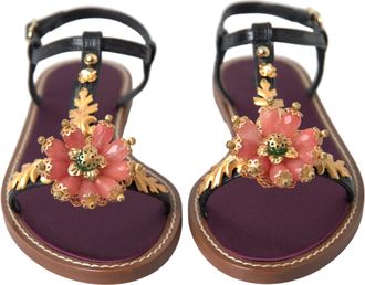 Dolce & Gabbana Womens Black Crystal Gold Sandals Leather Shoes