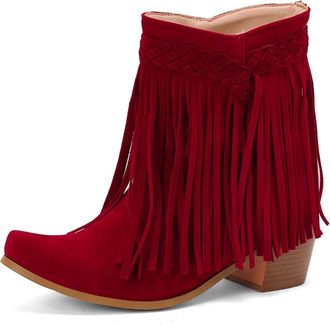 Generic Womens Bohemian Pointed Toe Faux Suede Ankle Boots Tassel Design Braided Detail Comfortable Anti-Slip Wear-Resistant for Casual Party Daily Outings,Re