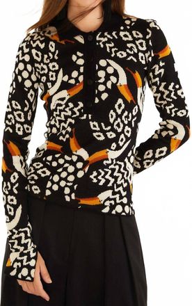 Farm Rio Tucanissimo Long Sleeve Polo Knit Top In Black