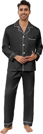 Generic Mens Solid Pajamas Set, Soft Long Sleeve Pajamas Lightweight Nightwear Button Up Sleepwear Lounge Pjs Set Black