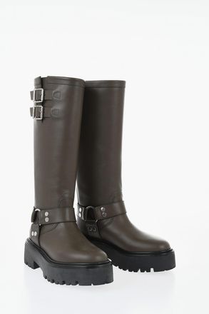 Celine Stivali Biker in Pelle con Doppia Fibbia Argentata e Suola Chunky 5cm Celine
