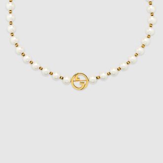 Gucci Interlocking Pearl Necklace, Gold-toned metal, Gold-toned metal