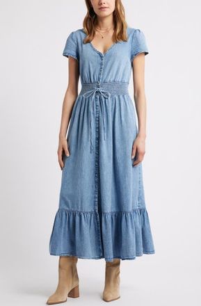 Treasure & Bond Smocked Waist Chambray Maxi Dress in Medium Wash at Nordstrom, Size Xx-Small