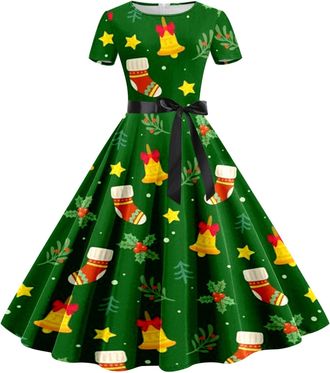 Generic Christmas Dresses Women Funny Xmas Tree Plaid Snowflake Printed 50s 60s A Line Rockabilly Cocktail Dress Short Sleeve High Waist Swing Flowy Dress Xma