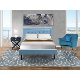 East West Furniture FN11F-1HA15 2-Pc Fannin Full Size Bedroom Set with 1 Wood Bed Frame and a Mid Century Modern Nightstand - Denim Blue Linen Fabric