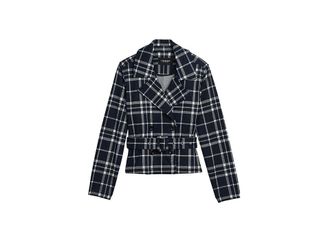 Liverpool L.A. Cropped Trench Jacket With Belt Womens Jacket Midnite/ White Plaid : XS, Elastane/Polyester