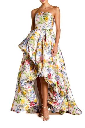 Mac Duggal Multicolor Strapless Floral High Low Bubble Hem Gown in Pastel Multi at Nordstrom, Size 14