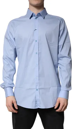 Dolce & Gabbana Light Blue Cotton GOLD Dress Formal Mens Shirt (Pre-Owned)