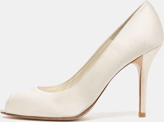 Stuart Weitzman White Satin Peep Toe Pumps