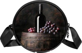 Generic Circle Crossbody Bag for Women, Red Wine Barrel Small Sling Bag Daypack with Zipper Adjustable Shoulder Straps Casual Ladies Girls Round Purse