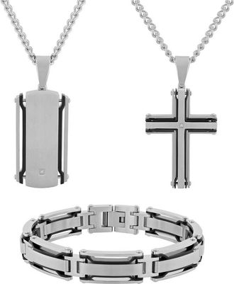 Robert Alton Mens Diamond Accent Black and White Stainless Steel Jewelry Set - Cross, Dog Tag & Bracelet