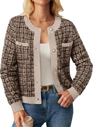Grace Karin Womens Long Sleeve Cardigans Elegant Open Front Blazers with Pockets for Wedding Guest Knit Cozy Cardigans Brown Plaid XXL