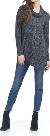 Papillon Cowl Neck Tweed Angle Hem Sweater Top In Navy