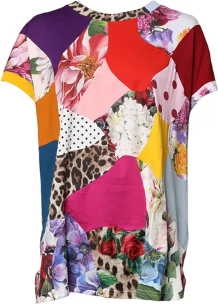 Dolce & Gabbana Womens Multicolor Patchwork Short Sleeve Blouse Top Cotton Silk