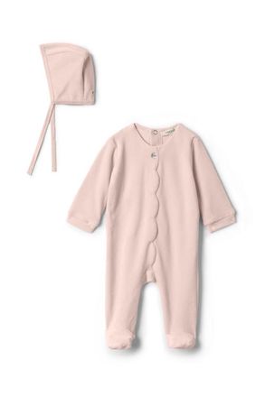 Fragile Girl Cotton Velour Scallop Romper with Bonnet in Baby Pink at Nordstrom, Size 1M
