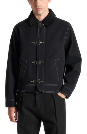 Mani&egrave;re De Voir Nino Clasp Detail Contrast Stitch Gabardine Jacket in Black at Nordstrom, Size Xx-Large