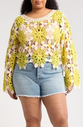 Forgotten Grace Floral Crocheted Sweater in Natural/Sage/Grey at Nordstrom Rack, Size 1X