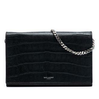 Saint Laurent Pre-owned Womens Croc Embossed Leather Wallet On Chain - Black - One Size