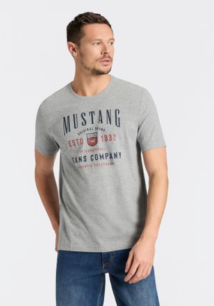 Mustang Kurzarmshirt MUSTANG Alex Logoprint, Herren, Gr. XXL, mid grau melange, Jersey, Obermaterial: 100% Baumwolle, bedruckt, normal h&uuml;ftbedeckend, Rundhals