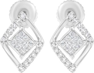House of Brilliance 10K White Gold 1/3 Ct Princess Double Triangle Composite Stud Earrings at Nordstrom