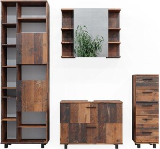Vicco Conjunto De Muebles De Ba&ntilde;o Ilias, Roble R&uacute;stico, 4 Partes, Con Armario Alto