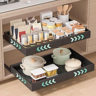 OEM Juego De 2 Cajones Deslizantes Adhesivos Para Cocina: Almacenamiento Deslizante Para Armarios De Cocina - Bandeja Deslizante De Ancho Ajustable (32-52