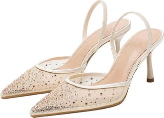 Generic Women Luxury Rhinestone Mesh High Heel Pumps Pointed Toe Wedding Dress Shoes Apricot