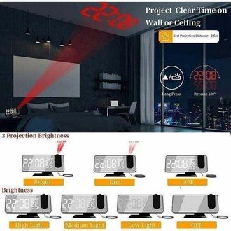 OEM Reloj Despertador Con Proyector Y Radio, Reloj Digital, Radio Despertador Usb Con Doble Alarma Y Pantalla Led Con Espejo, Para El Hogar Y La Oficina