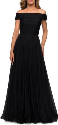La Femme Tulle Off the Shoulder A-line Dress with Rhinestones in Black at Nordstrom, Size 16