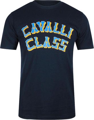 Roberto Cavalli Mens Cavalli Class Layered Logo Blue Navy T-Shirt - Size: 40
