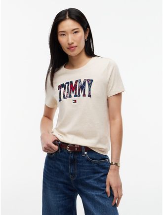 Tommy Hilfiger Womens Plaid Varsity Tommy Logo T-Shirt - Beige Heather - XXL