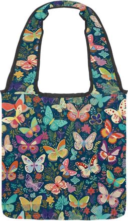 Generic Colorful Butterfly Leaves Pattern Reversible Canvas Shoulder Tote - Double-Sided Print, 12oz Cotton, 27cm Drop, Fold-Flat Bag for Travel, Shopping, St
