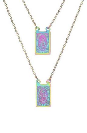 Steeltime Mens Multicolor Stainless Steel Saint Tag Double Pendant Necklace in Turquoise Multi at Nordstrom Rack