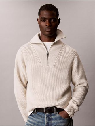 Calvin Klein Mens Cotton Wool Quarter Zip Sweater - Ivory - 2XL