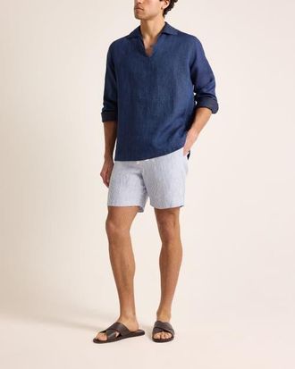 Orlebar Brown Vincent Linen Relaxed Fit Linen Long Sleeve Overhead Shirt in Night Iris at Nordstrom, Size X-Large
