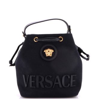 Versace La Medusa Drawstring Bucket Bag Canvas with Leather Small
