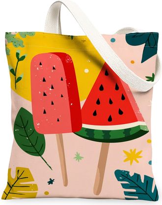 Generic Summer Fruit Canvas Tote Bags, Watermelon Popsicle Pattern Reusable Grocery Bags, Stylish Lightweight Washable Shoulder Str, Peach, 13x15 Inch