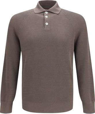 Brunello Cucinelli Mens Long-Sleeve Knit Polo Shirt Hazelnut-Panama Cotton Hazelnut/panama T-shirts And Polos