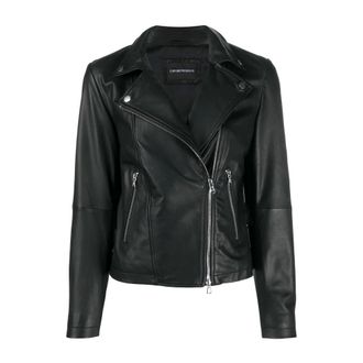 Emporio Armani Leather Jackets, female, Black, Size: M Zipped Biker Jacket
