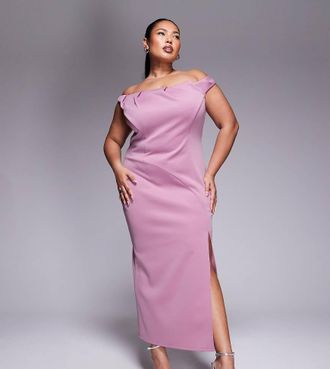 Asos Curve Vestito lungo a pieghe rosa in tessuto effetto scuba con scollo alla Bardot-Rosso