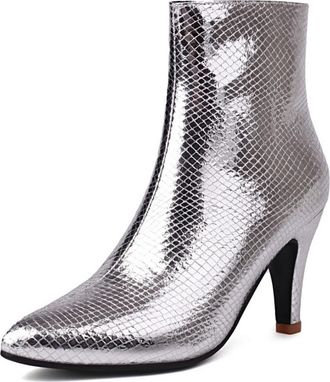 Generic Womens Ankle Boots With Metallic Snakeskin Print Pointed Toe Stiletto Heels Slip-On Design Vibrant Color Sleek Silhouette Soft Inner Lining Durable Ou