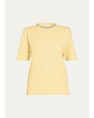 Brunello Cucinelli Monili Trim Striped Cotton T-Shirt
