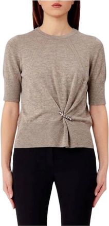 Liu Jo Gebreide trui met applicaties - Dames - Ronde hals truien - Beige - M - Wol - Truien & Vesten