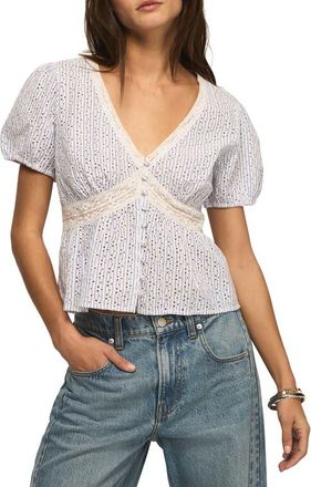 Lucky Brand Eyelet Embroidered Babydoll Top in Blue Stripe at Nordstrom, Size X-Large