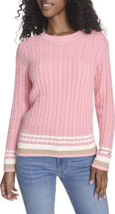 Tommy Hilfiger Womens Cotton Crewneck Cable Sweater, English Rose Multi, Small