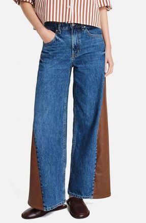TWP Ramblin Man Faux Leather Detail Wide Leg Jeans in Paris /Mahogany at Nordstrom Rack, Size 28