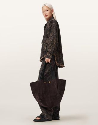AllSaints Rosalie - Maxi borsa in pelle scamosciata marrone scuro