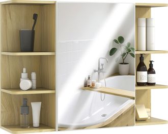 HOMCOM Bathroom Wall Cabinet with Mirror and Open Storage Shelves Natural | TJ Hughes