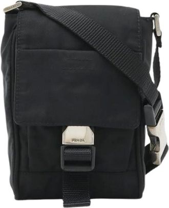 Prada Pre-owned Cross Body Bags, female, Black, Size: ONE SIZE Pre-owned Triangle Logo Nylon Leather 2way Shoulder Bag
